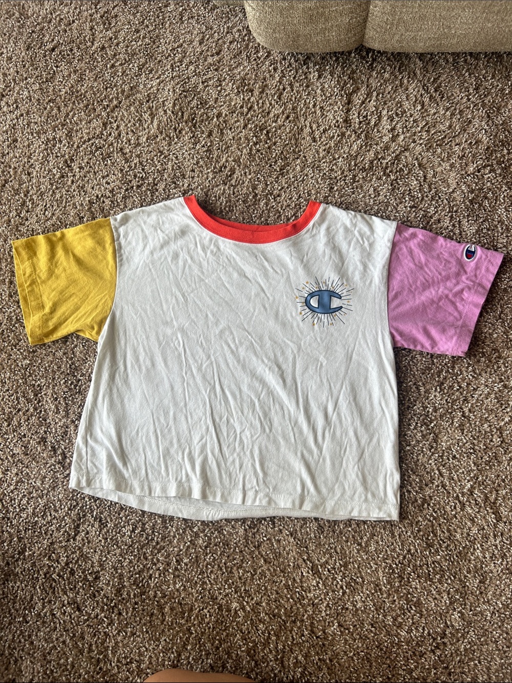 Champion White Tee with Yellow & Pink Colorblock Sleeves